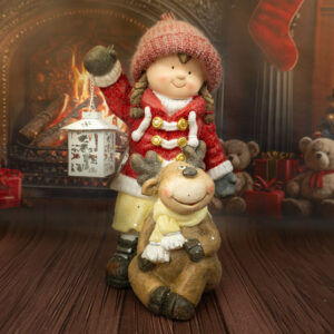Solis Decor figurka dekoracyjna dziewczynka z latarnią i reniferem