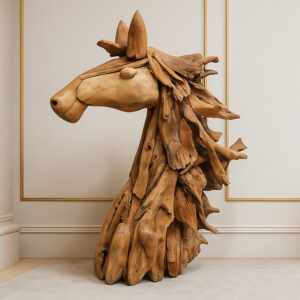 Figurka dekoracyjna koń z drewna tekowego, duża